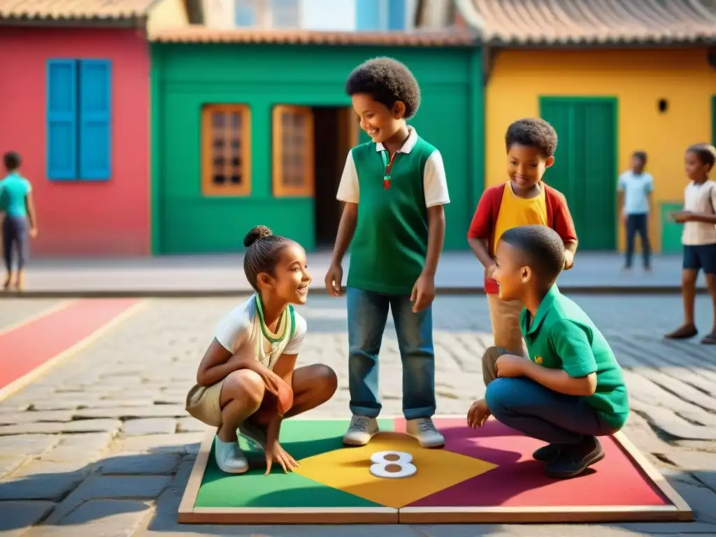 Juegos tradicionales: diversión y aprendizaje en la ciudad Niños de diversas etnias juegan en la plaza, mostrando habilidades cognitivas y de trabajo en equipo