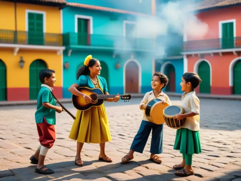 Niños de diversas etnias juegan 'Sapo' y 'Rayuela' en plaza latinoamericana, resaltando la importancia de los juegos tradicionales en Latinoamérica