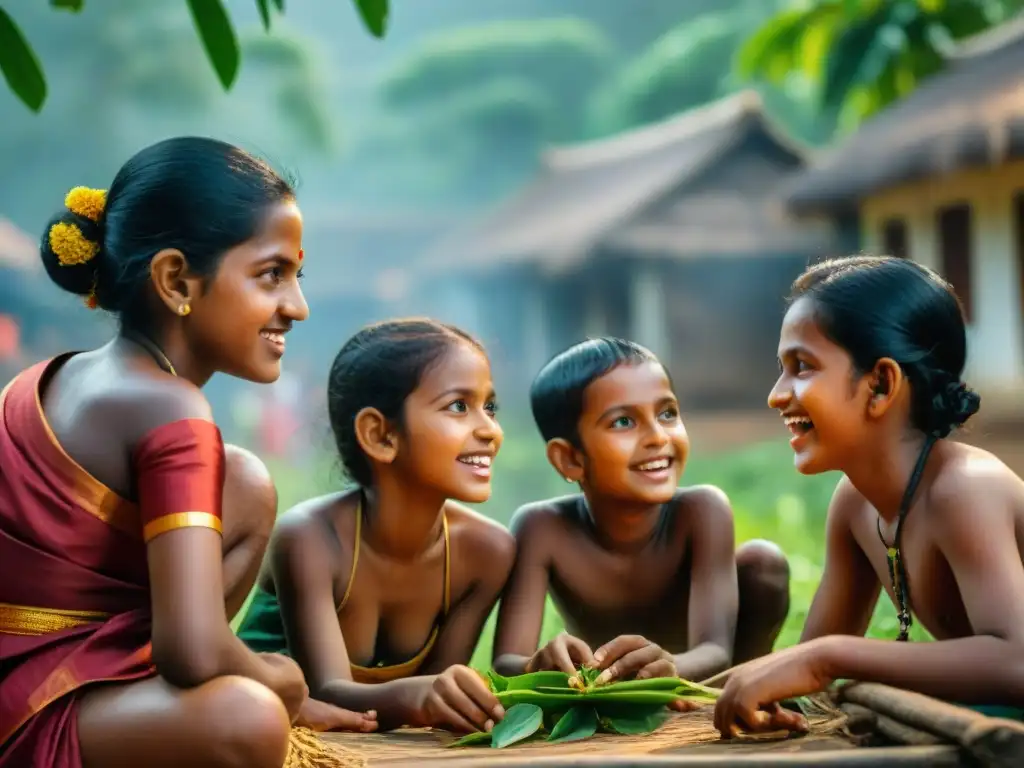 Niños jugando Kilithattu en Sri Lanka, expresiones concentradas y colores vibrantes