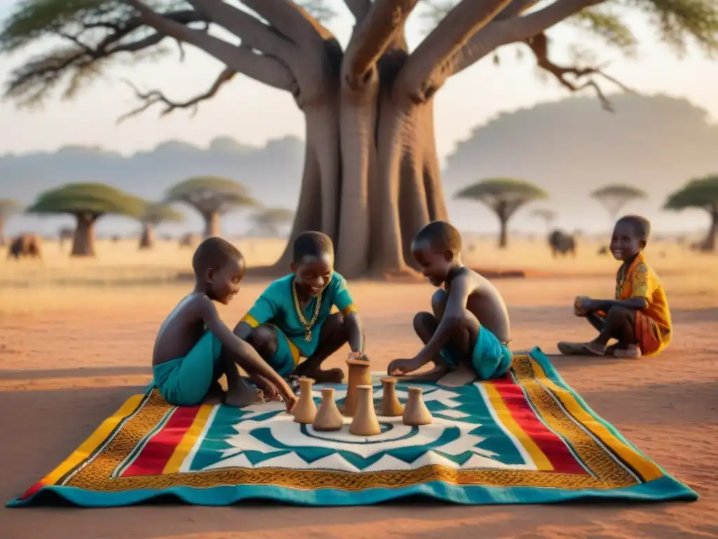 Niños juegan felices bajo un baobab con juegos tradicionales africanos influencia diseño videojuegos