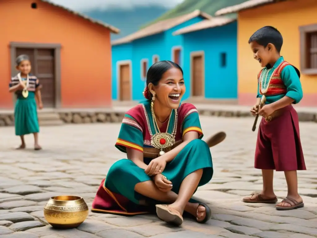 Niños felices juegan La Candelita y El Trompo en plaza latinoamericana, resaltando la importancia de juegos tradicionales en la cultura