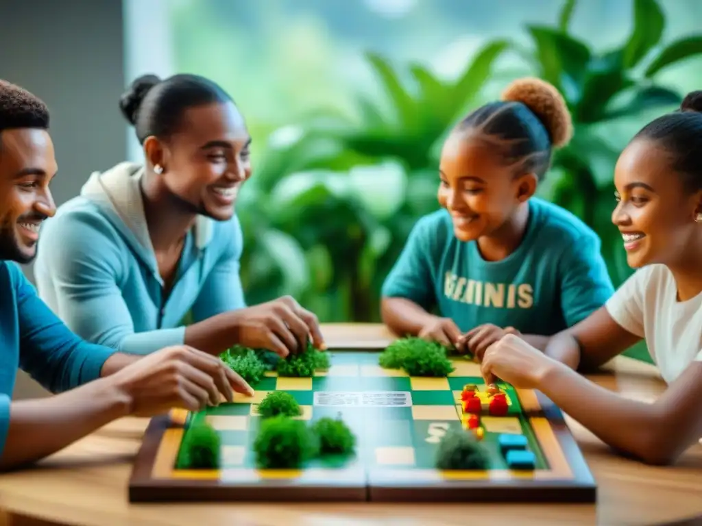 Niños felices aprendiendo sobre desarrollo sostenible con un juego de mesa, rodeados de naturaleza y elementos ecológicos