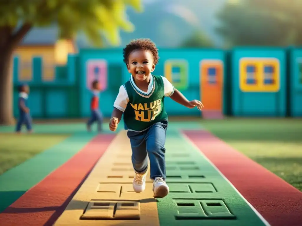 Niños felices juegan hopscotch, la cuerda y las traes en un patio escolar colorido