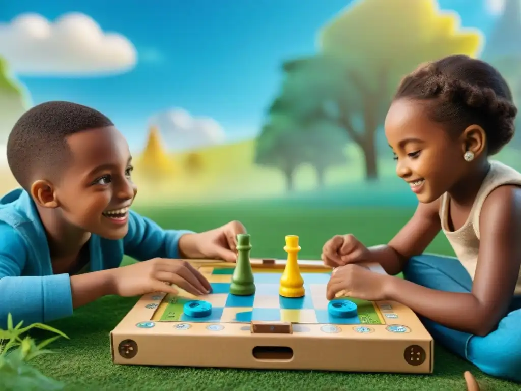 Niños felices juegan un juego de mesa con materiales reciclados en campo verde