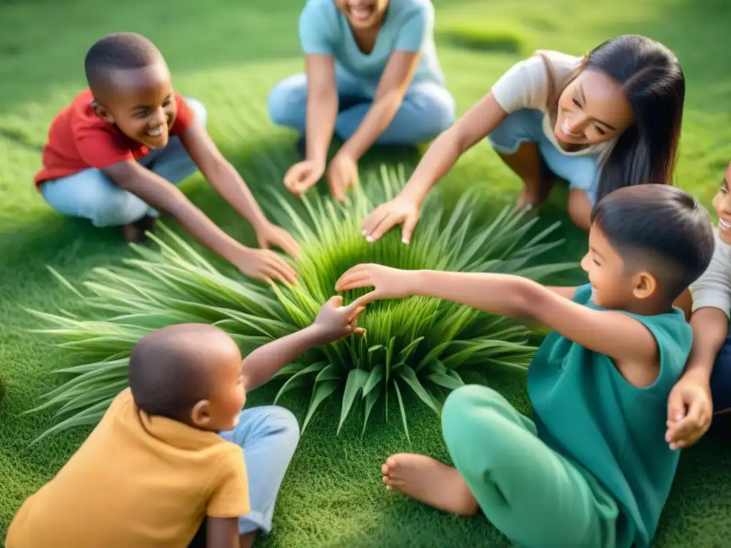 Niños felices jugando a juegos de palabras tradicionales en un campo verde brillante