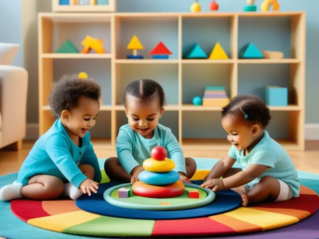 Niños felices juegan con juguetes educativos promoviendo desarrollo cognitivo temprano en ambiente colorido y acogedor