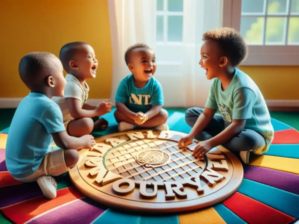 Niños felices juegan con letras de madera, fomentando la camaradería y aprendizaje