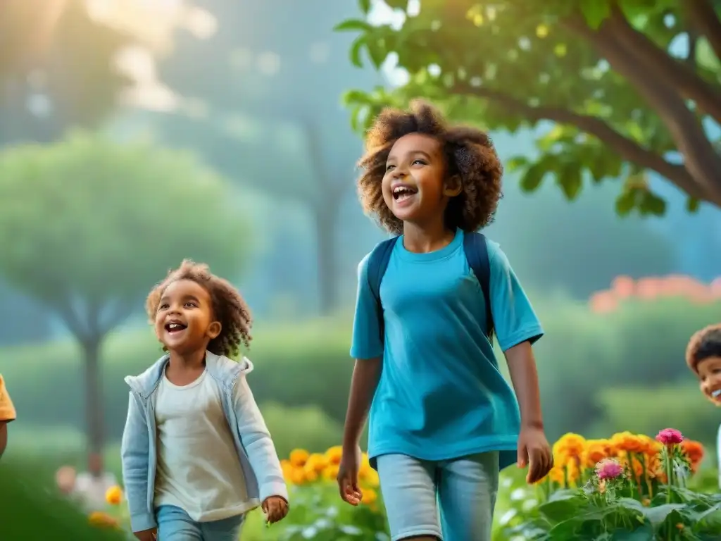 Niños felices juegan y aprenden sobre la naturaleza en un parque verde