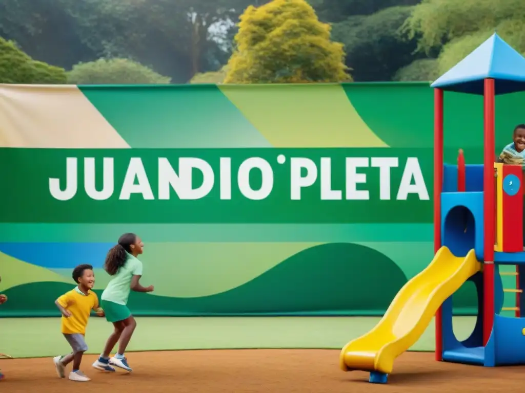 Niños felices juegan en parque verde con juegos coloridos