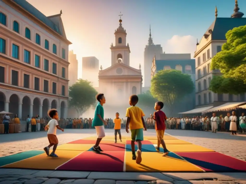 Niños felices juegan en la plaza de la ciudad, destacando la importancia de juegos tradicionales en la comunidad multicultural