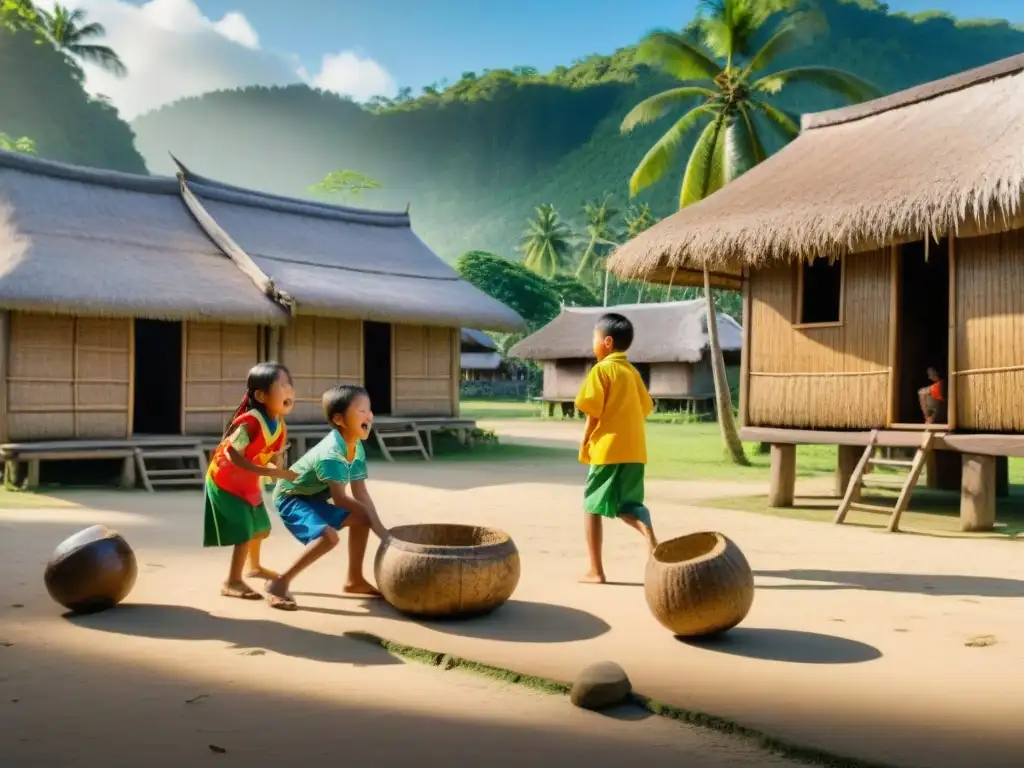 Niños filipinos juegan juegos tradicionales como 'Luksong Tinik' y 'Piko' en una plaza soleada, rodeados de casas de madera con techos de paja