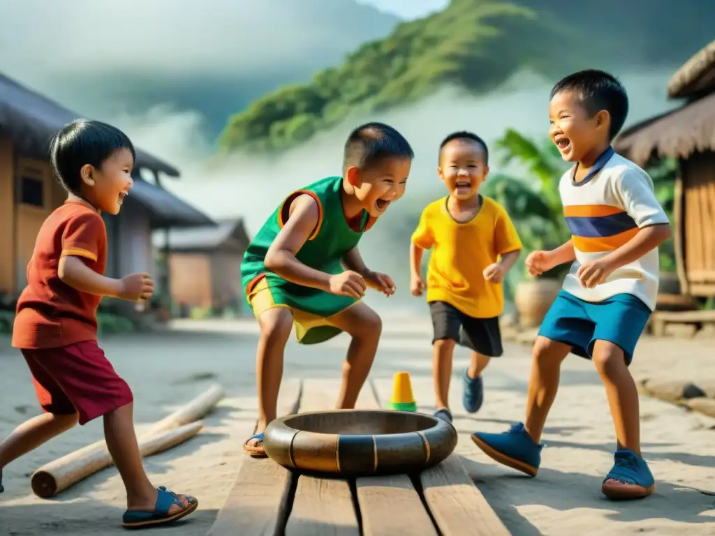 Niños filipinos juegan 'Luksong Tinik' y 'Piko' en un ambiente vibrante, mostrando la evolución histórica de los juegos tradicionales Filipinos