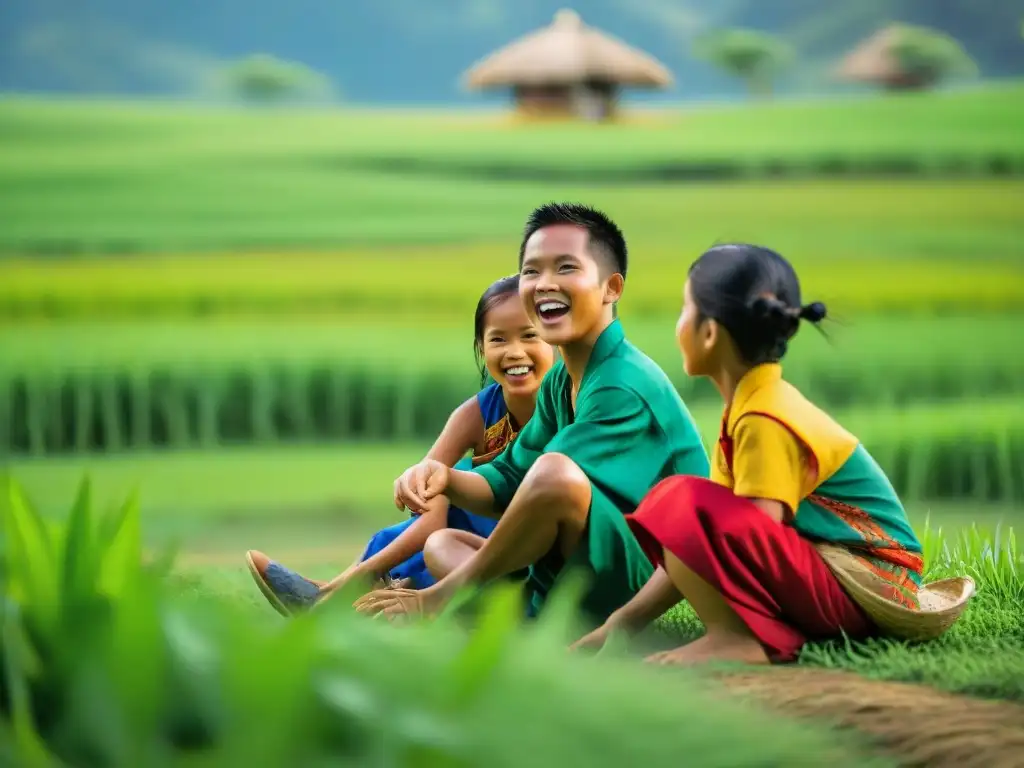 Niños filipinos juegan 'Luksong Tinik' y 'Tumbang Preso' en un campo verde, vistiendo trajes tradicionales