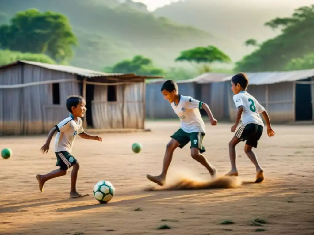 Niños jugando fútbol descalzos en una aldea rural de América Latina, reflejando la pasión y alegría en sus rostros