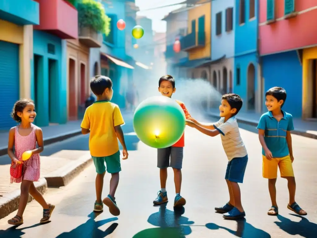 Niños juegan con globos de agua en la calle bajo el sol, reflejando la evolución de los juegos callejeros ante el cambio climático