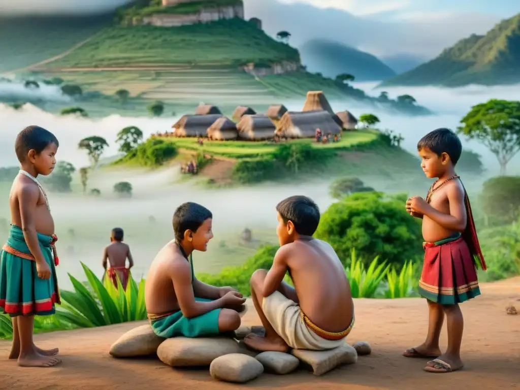 Niños indígenas juegan ancestral juego, entre naturaleza y arquitectura antiguas, destacando historia evolución juegos culturas mundiales