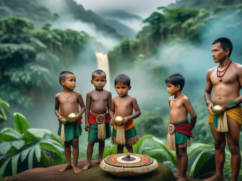 Niños indígenas juegan un ancestral juego en la selva, resaltando la preservación de juegos indígenas y culturas