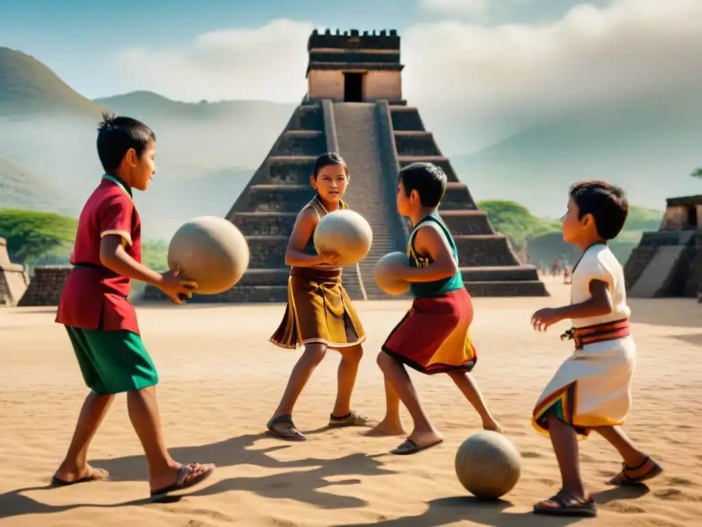 Niños indígenas juegan Tlachtli en campo vibrante bajo el sol, fusionando tradición y globalización en juegos latinoamericanos