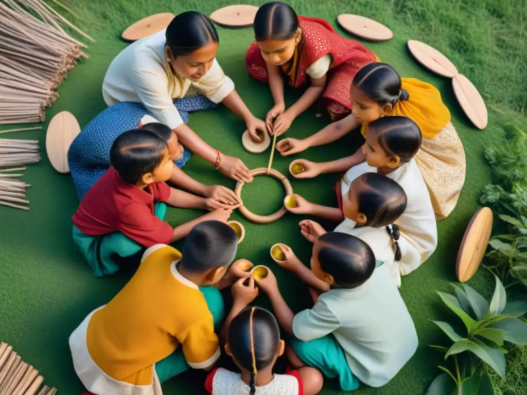 Niños indígenas juegan tradicionalmente en círculo, transmitiendo juegos ancestrales con alegría y concentración en un prado verde al atardecer