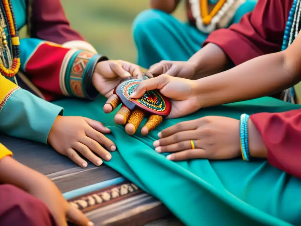 Niños indígenas concentrados en juegos tradicionales, entre colores vibrantes y detalles intrincados, en medio de la globalización