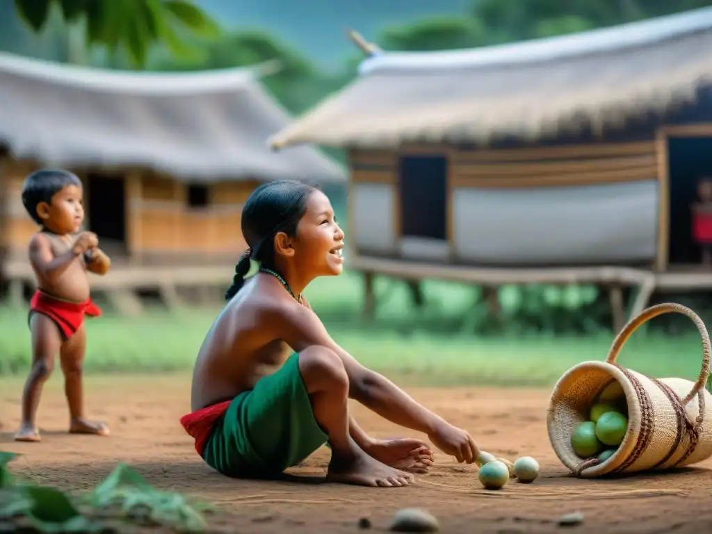 Niños indígenas juegan deportes autóctonos en peligro en una aldea remota, rodeados de naturaleza exuberante y tradiciones vibrantes