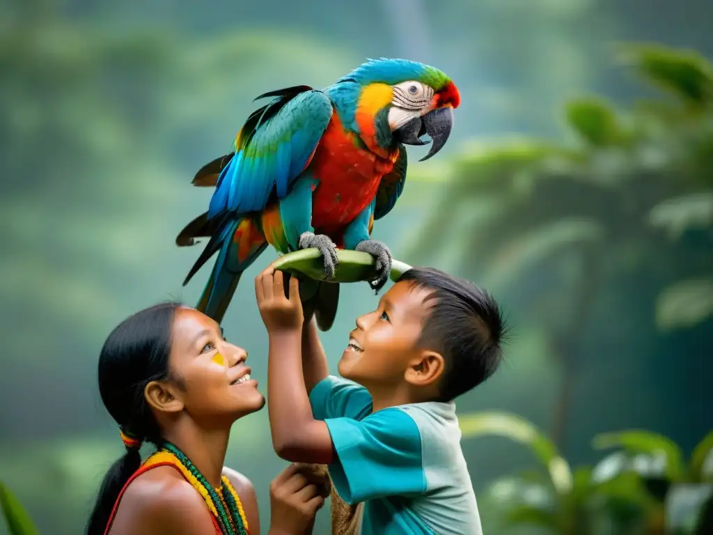 Niños indígenas juegan con guacamayos en la selva amazónica en un escenario lleno de color y alegría