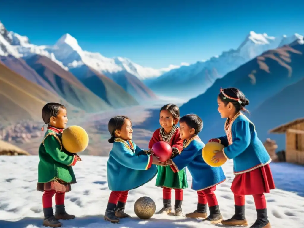 Niños indígenas juegan alegremente un juego de pelota tradicional en los Andes, resaltando la resistencia cultural ante la globalización