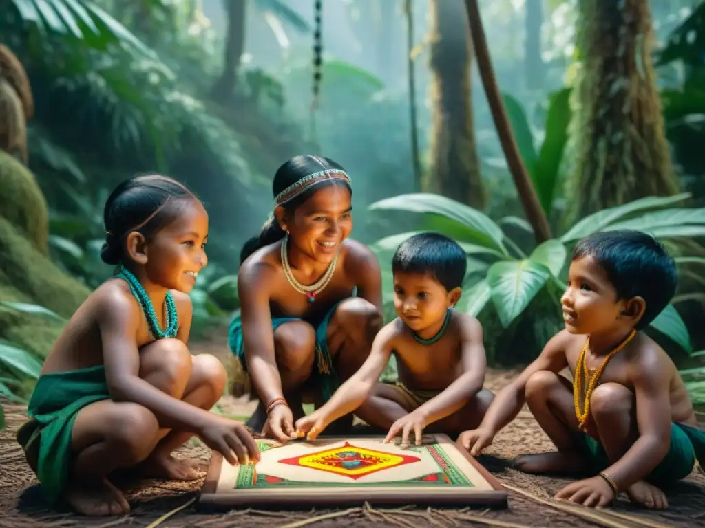 Niños indígenas juegan un juego tradicional en la selva, resaltando la importancia de conservar los Juegos en peligro de extinción