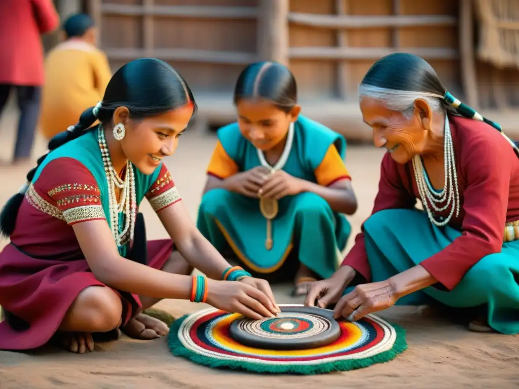 Niños indígenas juegan un juego tradicional, preservando su cultura con alegría y orgullo en la plaza del pueblo