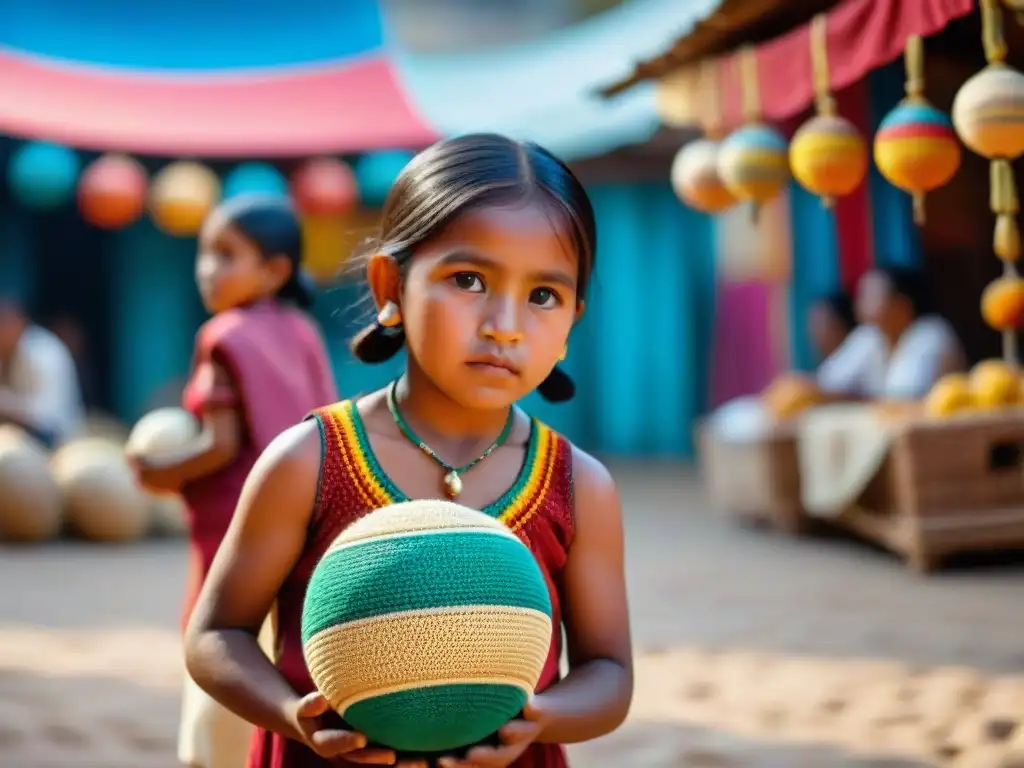 Niños indígenas juegan un juego tradicional en un mercado vibrante de América Latina, mostrando la riqueza cultural