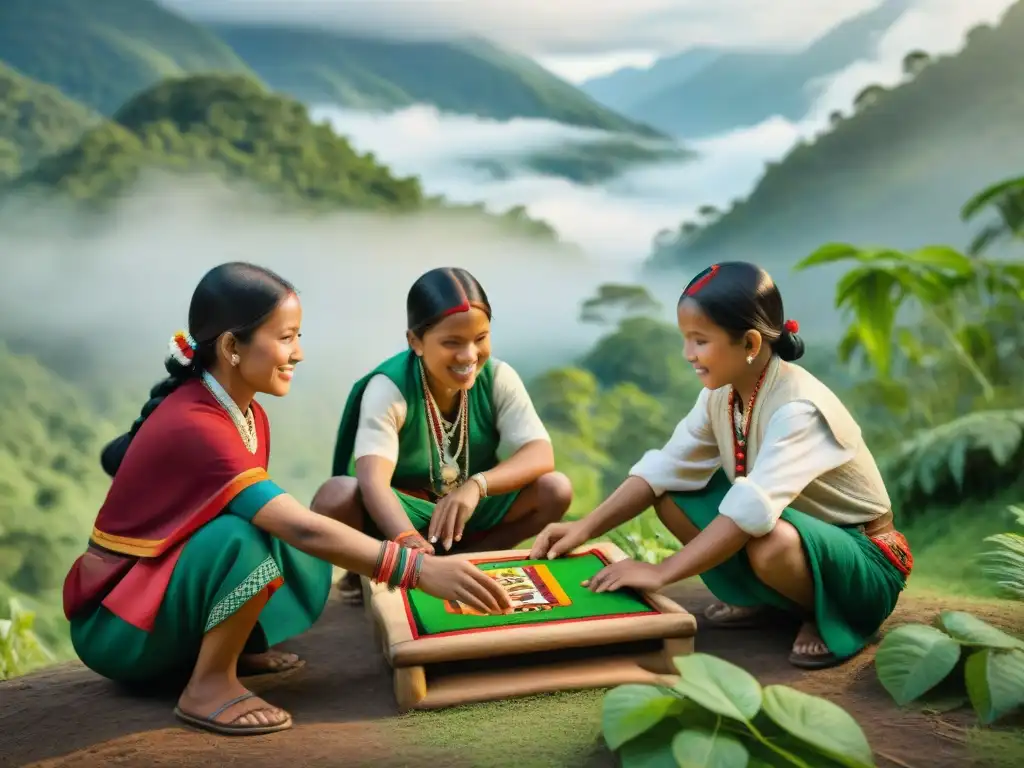 Niños indígenas juegan con juegos tradicionales en el bosque, preservación cultural juegos indígenas