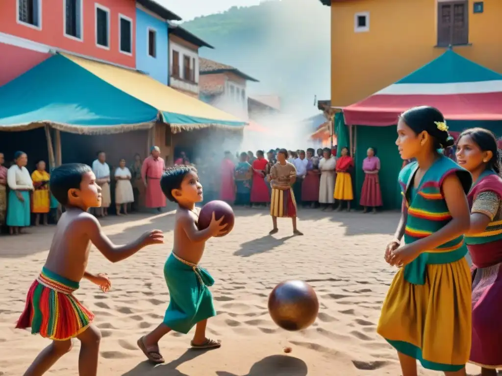 Niños indígenas juegan en mercado con juegos tradicionales