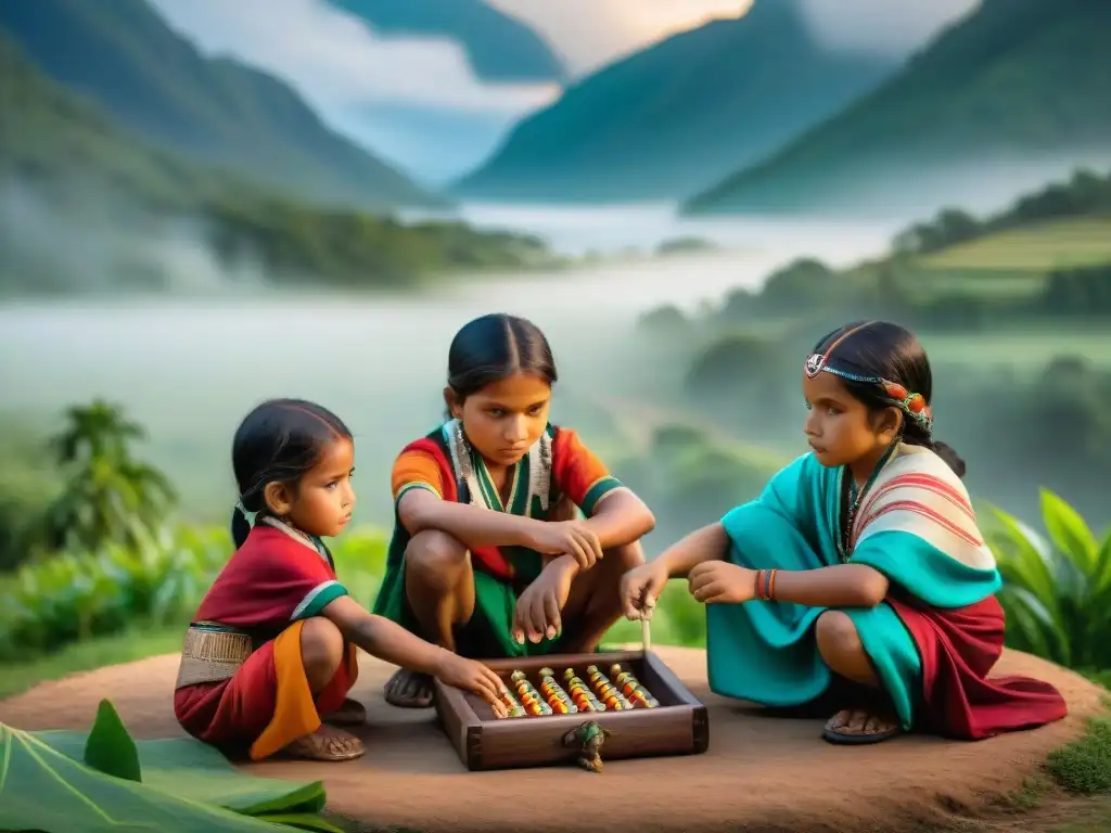 Juegos tradicionales: Unidad y resiliencia cultural entre niños indígenas Niños indígenas juegan con concentración en paisaje colorido