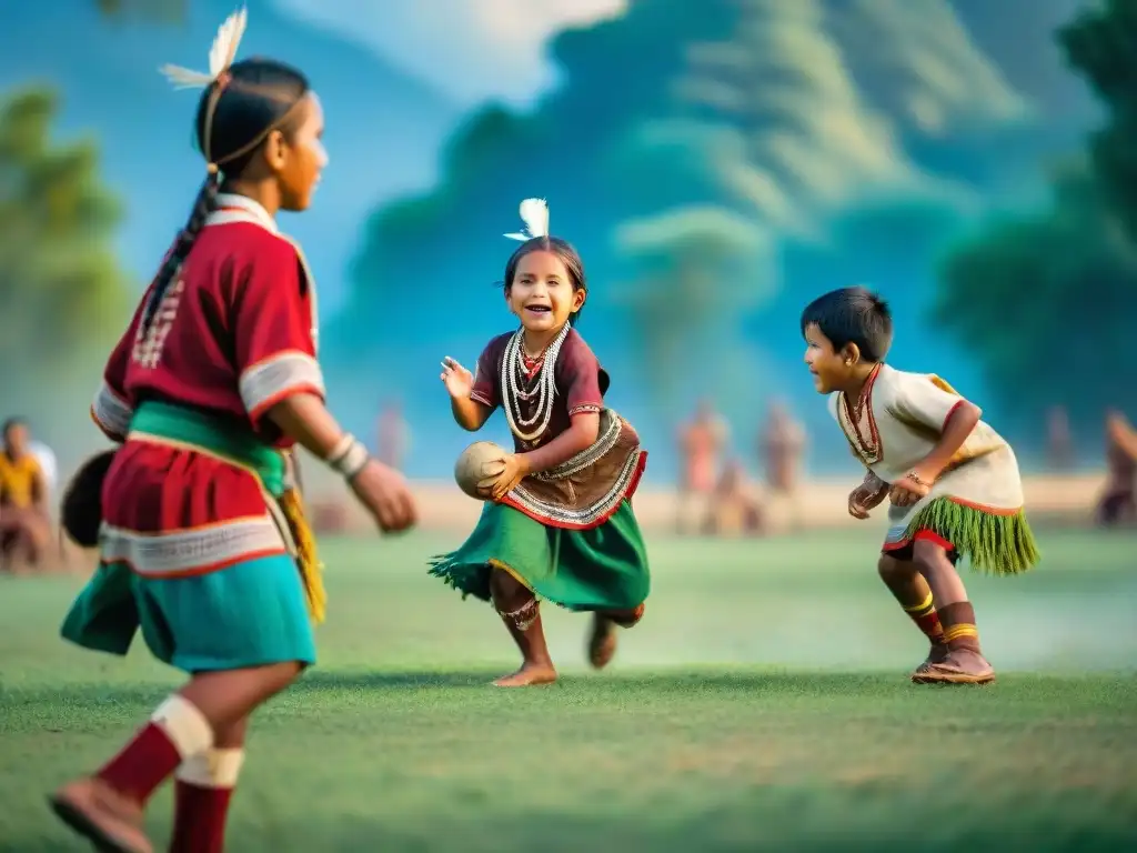 Niños indígenas juegan pato en campo verde bajo cielo azul, reflejando orgullo y unión cultural