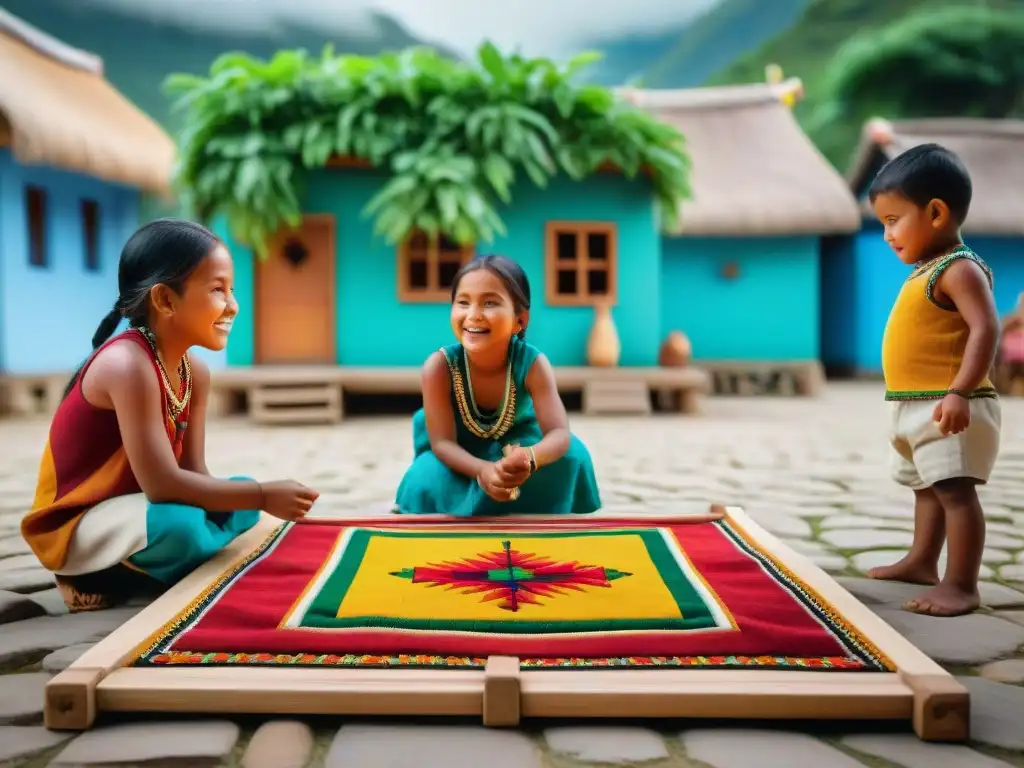 Niños indígenas juegan en plaza colorida, resistencia cultural a través de juegos tradicionales