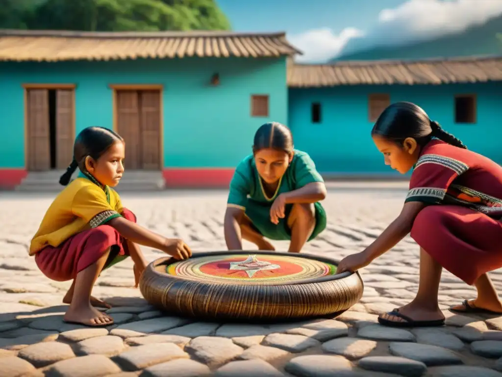 Niños indígenas juegan en la plaza del pueblo, preservando sus tradiciones ante la globalización en juegos tradicionales latinoamericanos