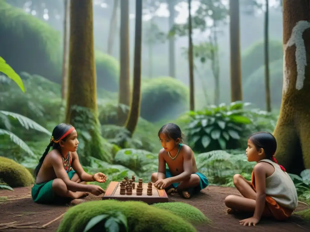 Niños indígenas juegan en la selva, transmitiendo un mensaje ambiental de armonía con la naturaleza