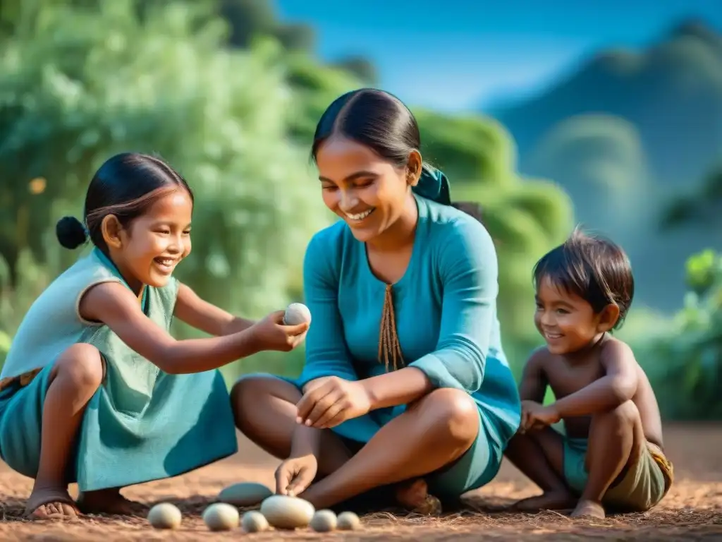 Niños indígenas sonrientes juegan un juego tradicional con elementos naturales bajo el cielo azul