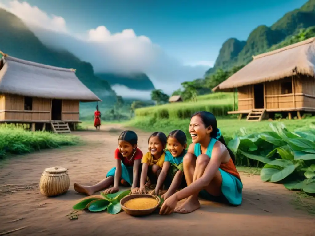 Niños indígenas juegan tradicionales entre naturaleza y casas rústicas, mostrando alegría y resistencia ante la globalización