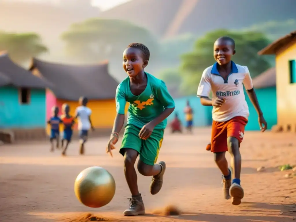 Niños juegan un juego africano callejero con colores vibrantes al atardecer, destacando el simbolismo en juegos de calle