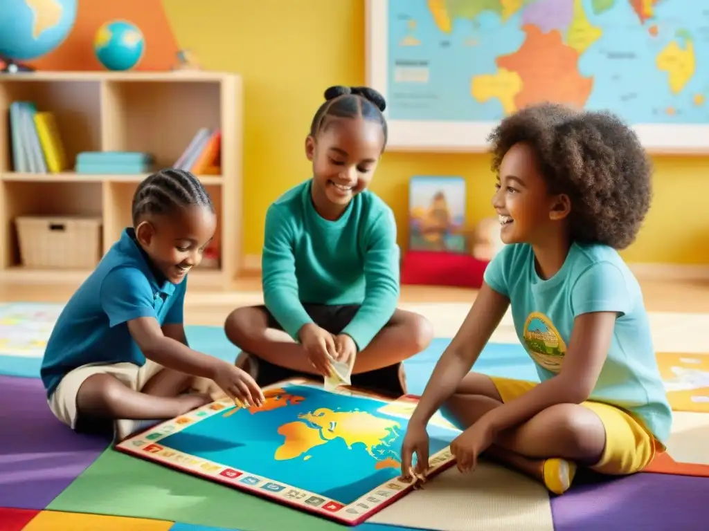 Niños diversos juegan un juego de geografía en un aula colorida