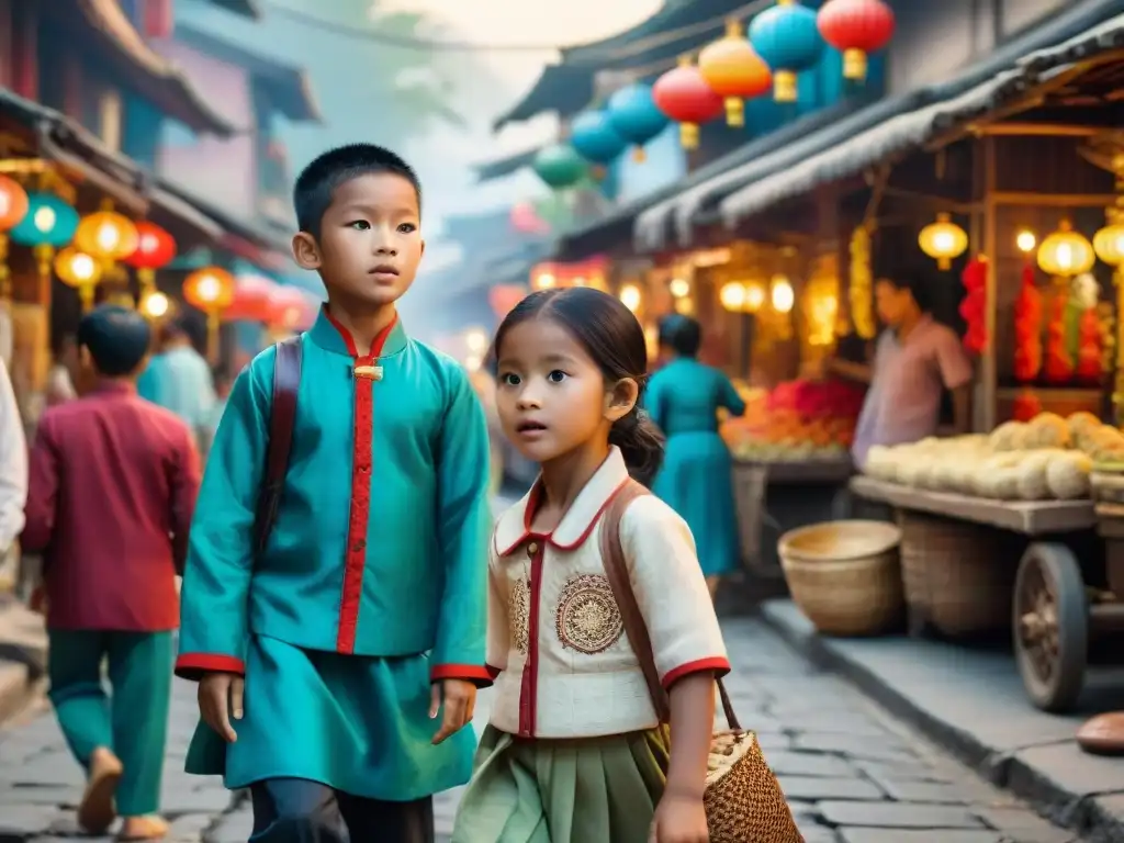 Niños disfrutando de un juego de calle tradicional en Asia, rodeados de coloridos puestos de mercado y arquitectura ornamental