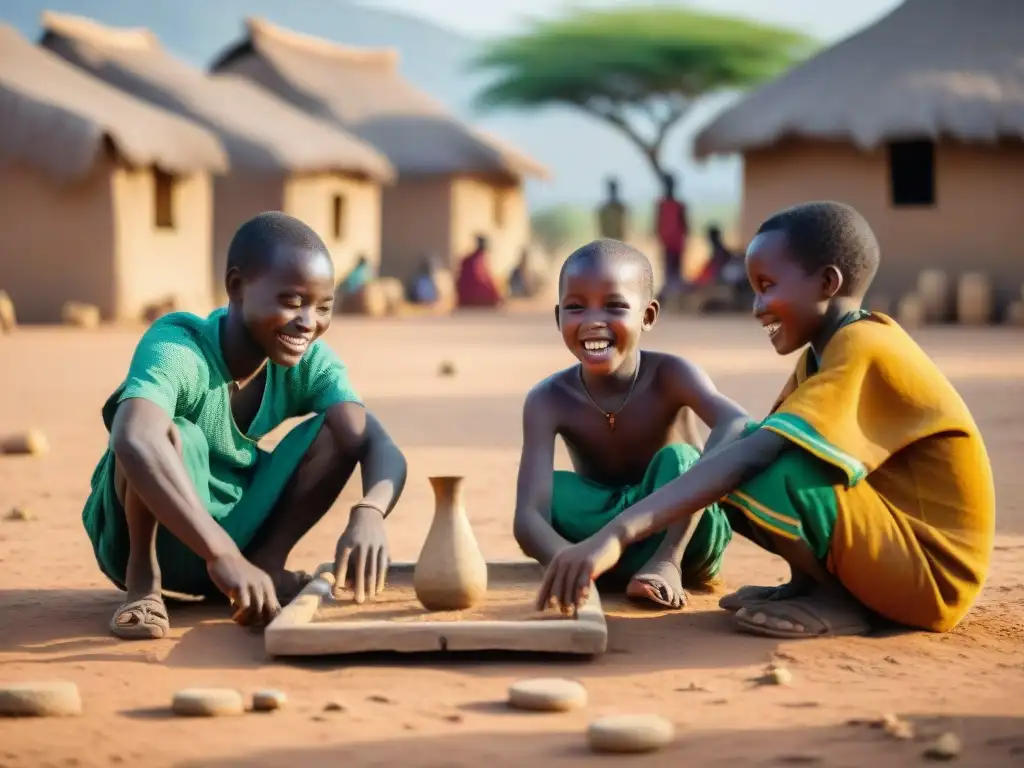 Niños juegan un juego tradicional africano en una plaza polvorienta bajo el sol ardiente, rodeados de ancianos orgullosos