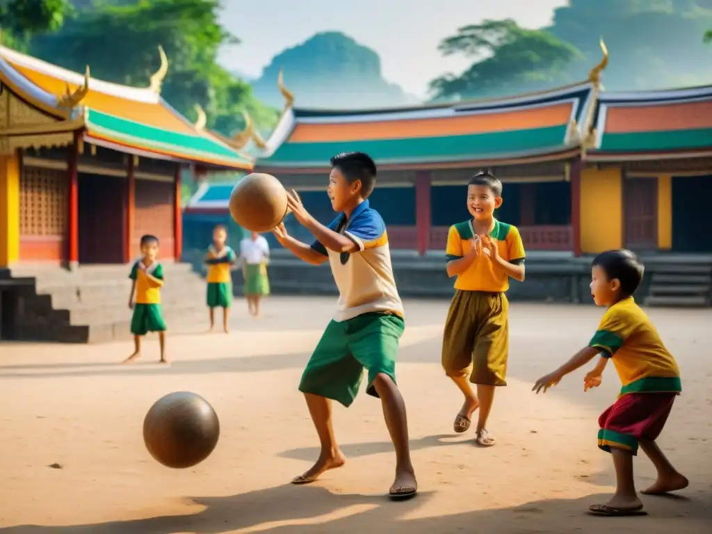 Niños disfrutan del juego tradicional tailandés 'Sipa' en animada plaza del pueblo