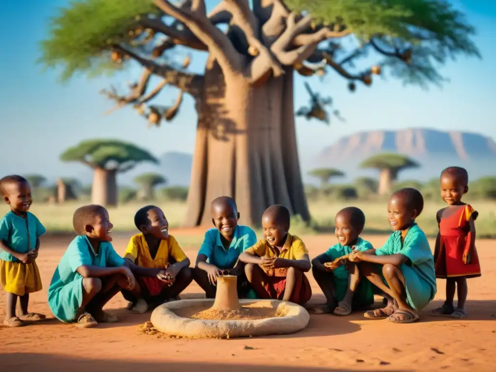 Niños disfrutando de un juego tradicional africano bajo un baobab, reflejando la intensidad y alegría en sus rostros