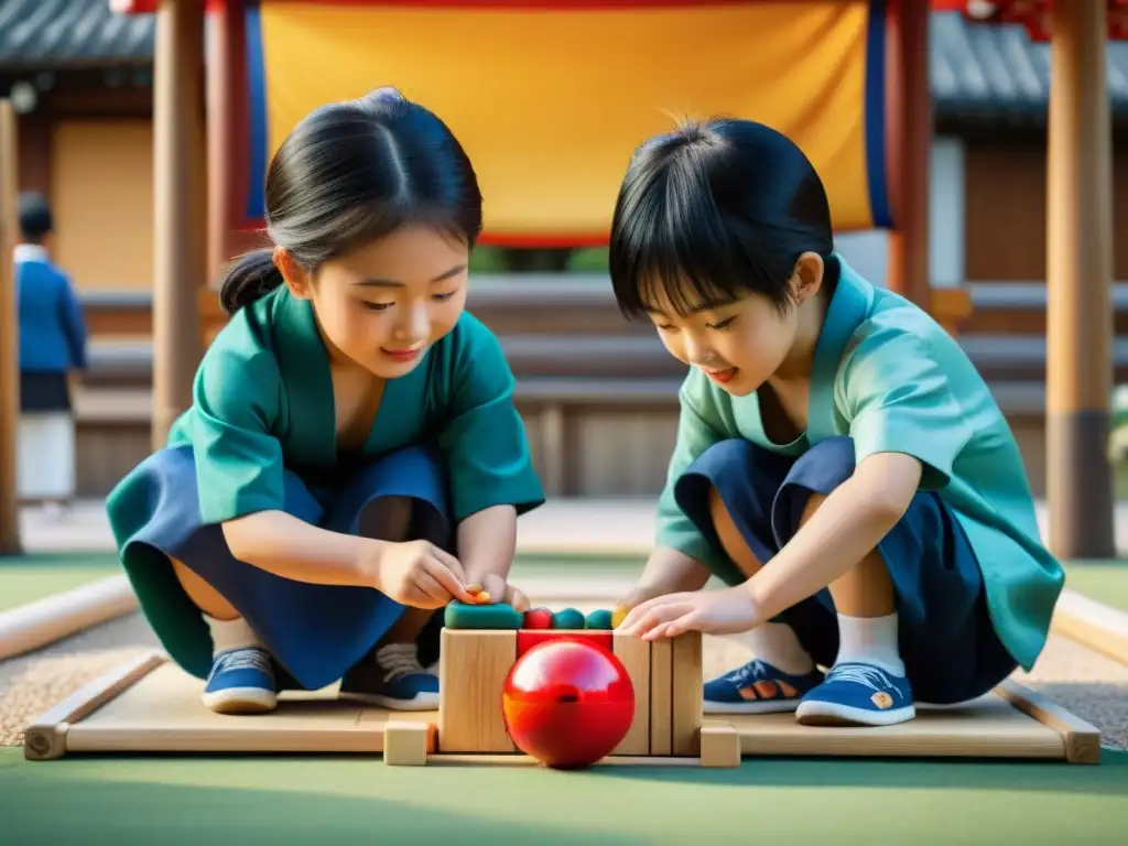 Niños juegan Daruma Otoshi, un juego tradicional japonés, con intensa concentración y emoción