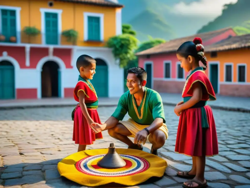 Niños disfrutando un juego tradicional en una plaza latinoamericana, resaltando la importancia de los juegos tradicionales en Latinoamérica