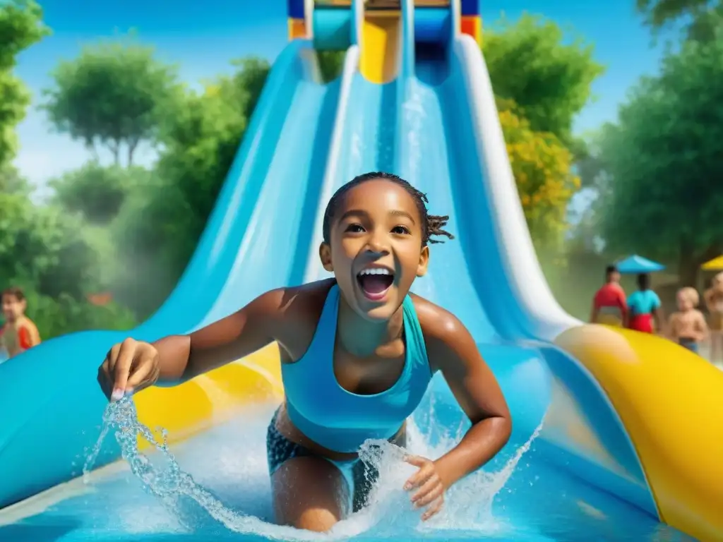 Niños disfrutando juegos de agua educativos en parque acuático colorido y divertido