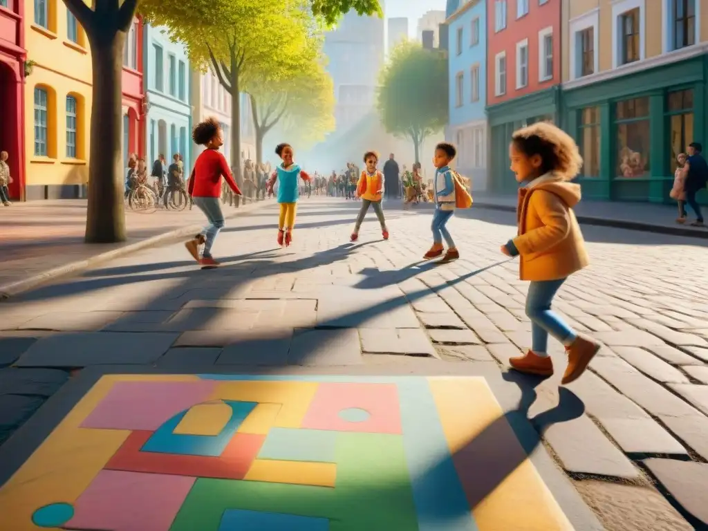 Niños disfrutan de juegos de calle en desarrollo, jugando a la rayuela, la comba y al pilla-pilla en una bulliciosa calle de la ciudad