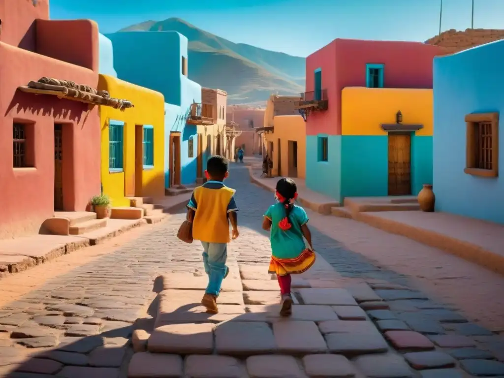 Niños disfrutan de juegos de calle tradicionales en un animado pueblo, mezcla de tradición y modernidad